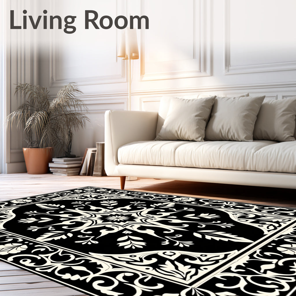 Ornate Black Cream Scroll Pattern Rug