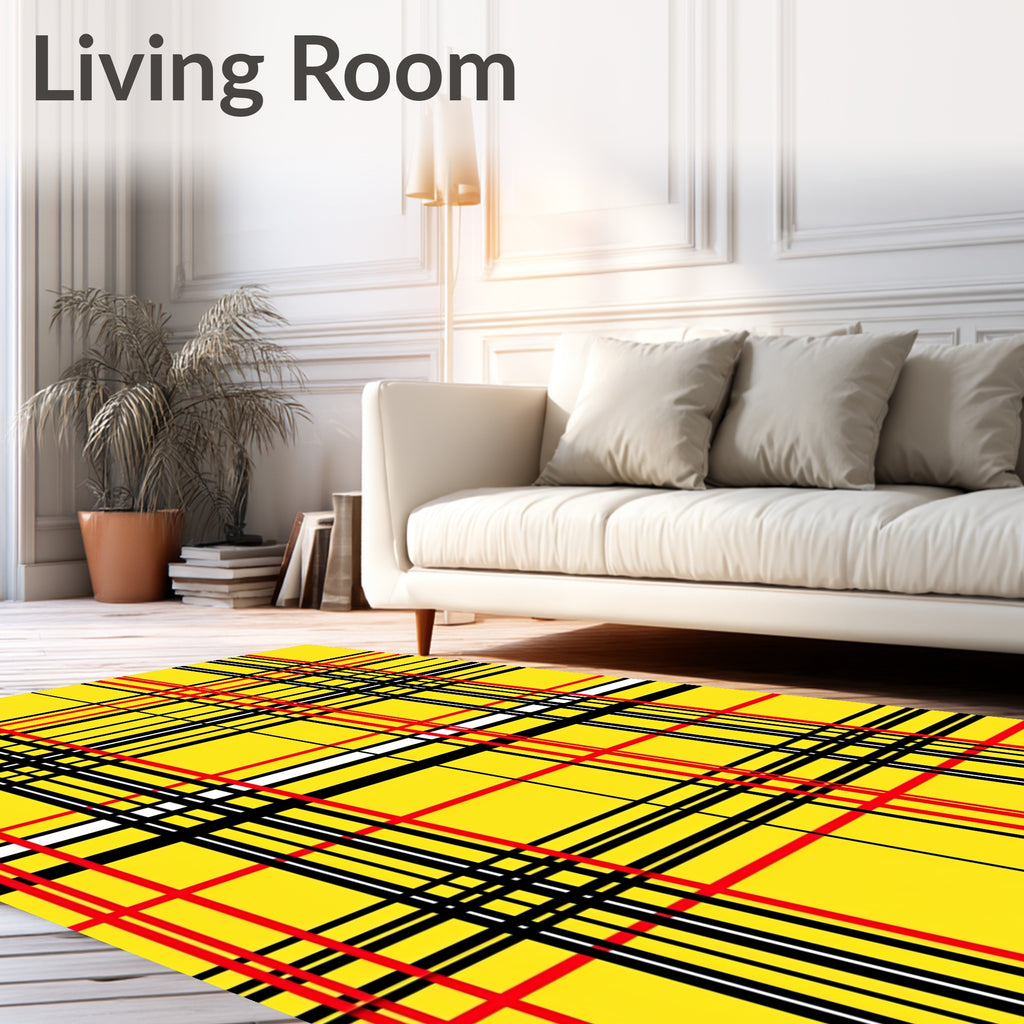 Vibrant Yellow Red Black Plaid Design Rug