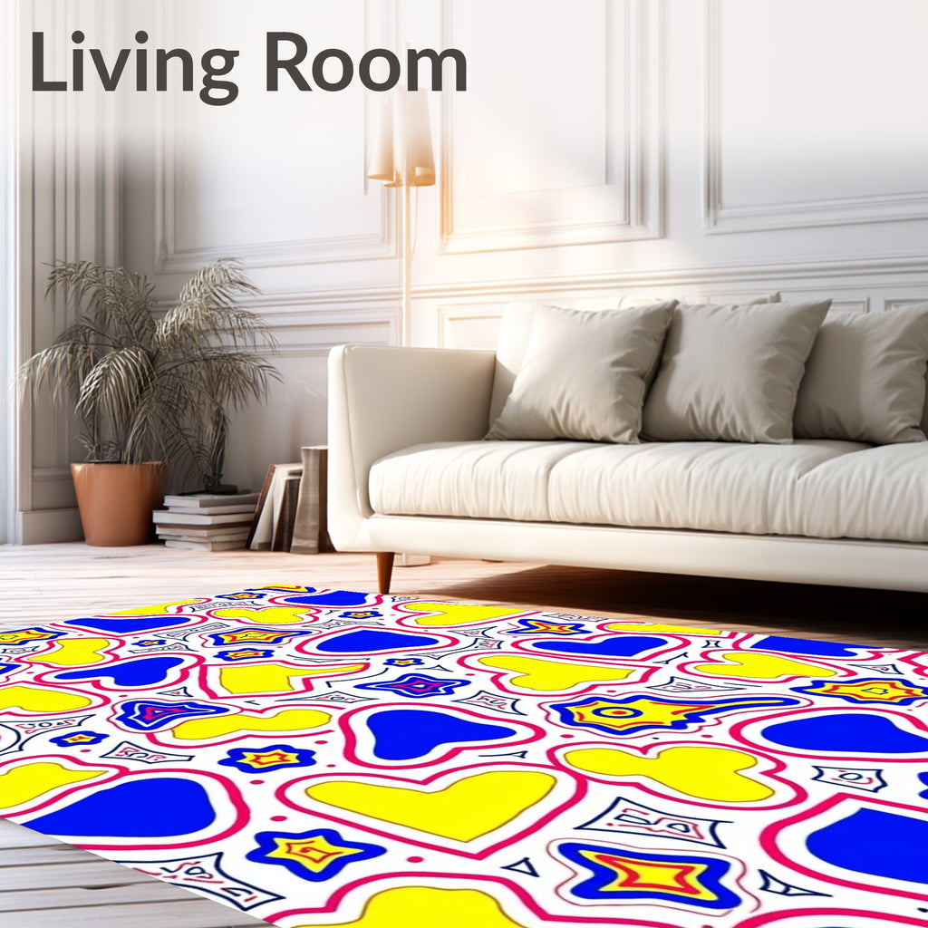 Abstract Blue Yellow Heart Pattern Rug
