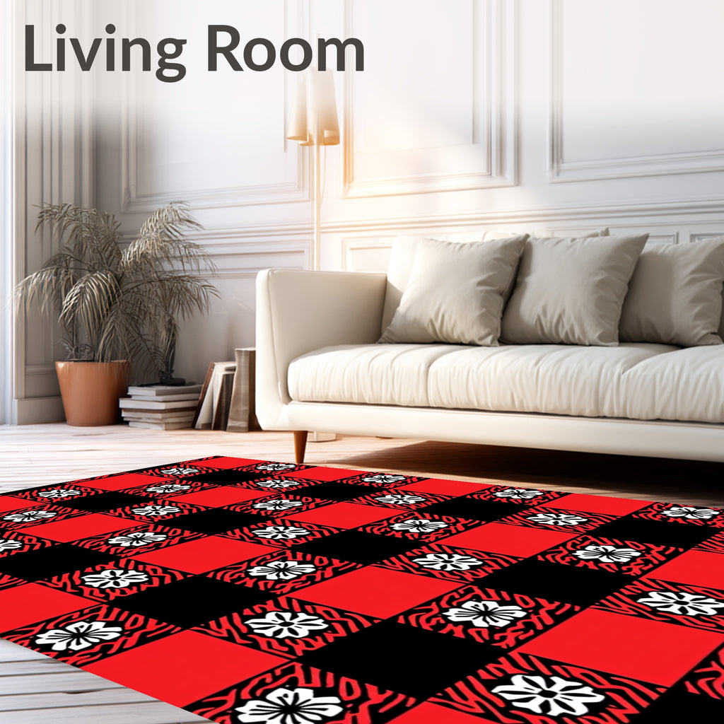 Red Black Floral Checkered Pattern Rug