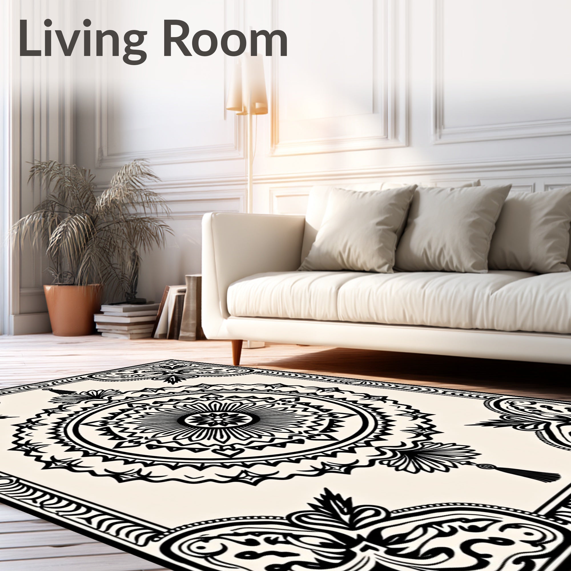 Ornate Black Cream Floral Medallion Rug