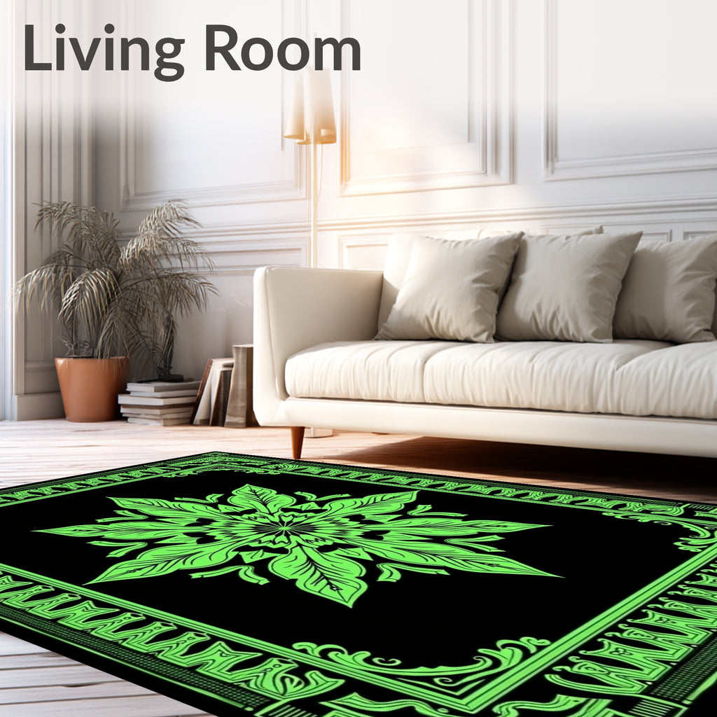 Vibrant Neon Green Floral Mandala Border Rug