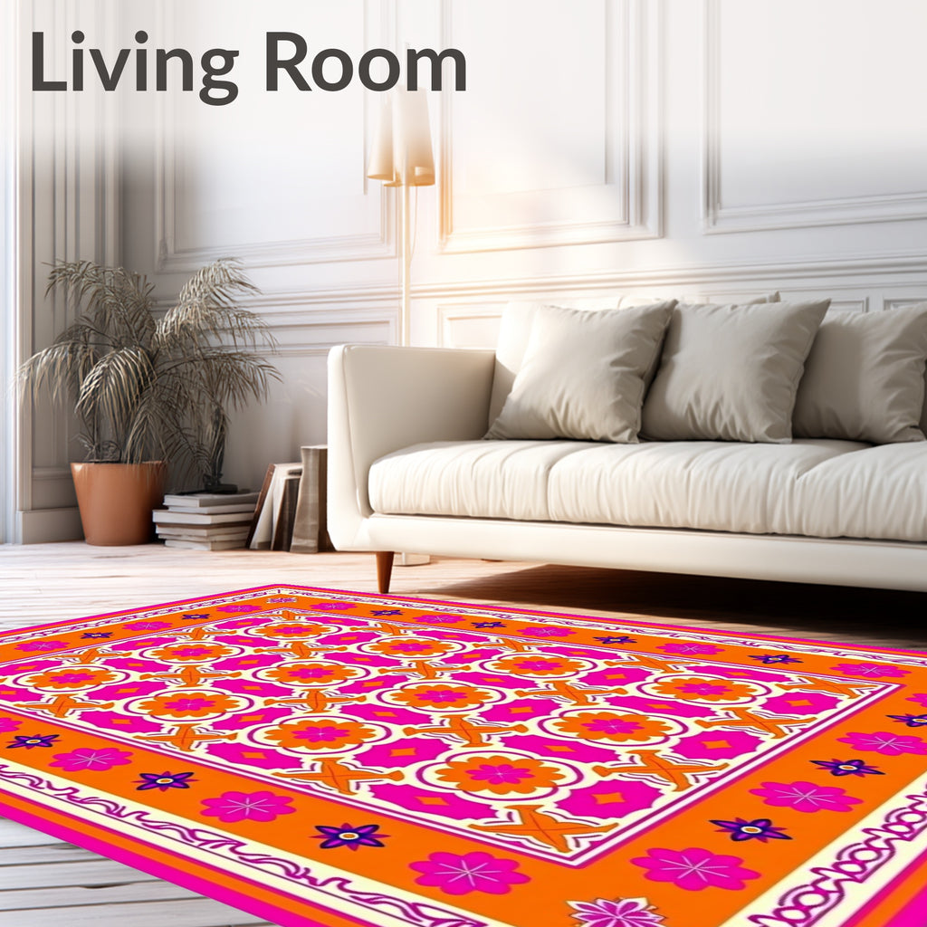 Vibrant Orange Pink Floral Geometric Rug