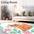 Cute Orange Cat Floral Border Rug