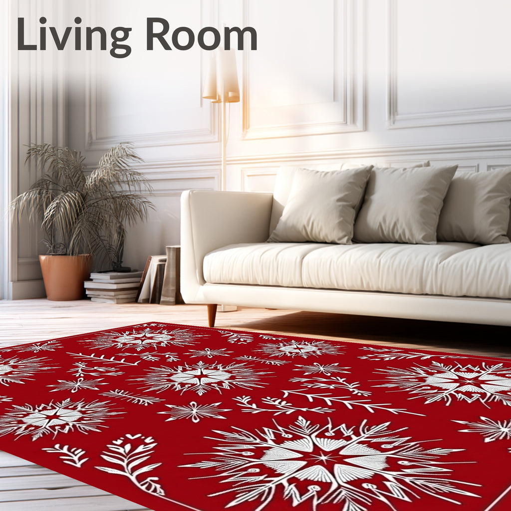 Red White Snowflakes Floral Pattern Rug
