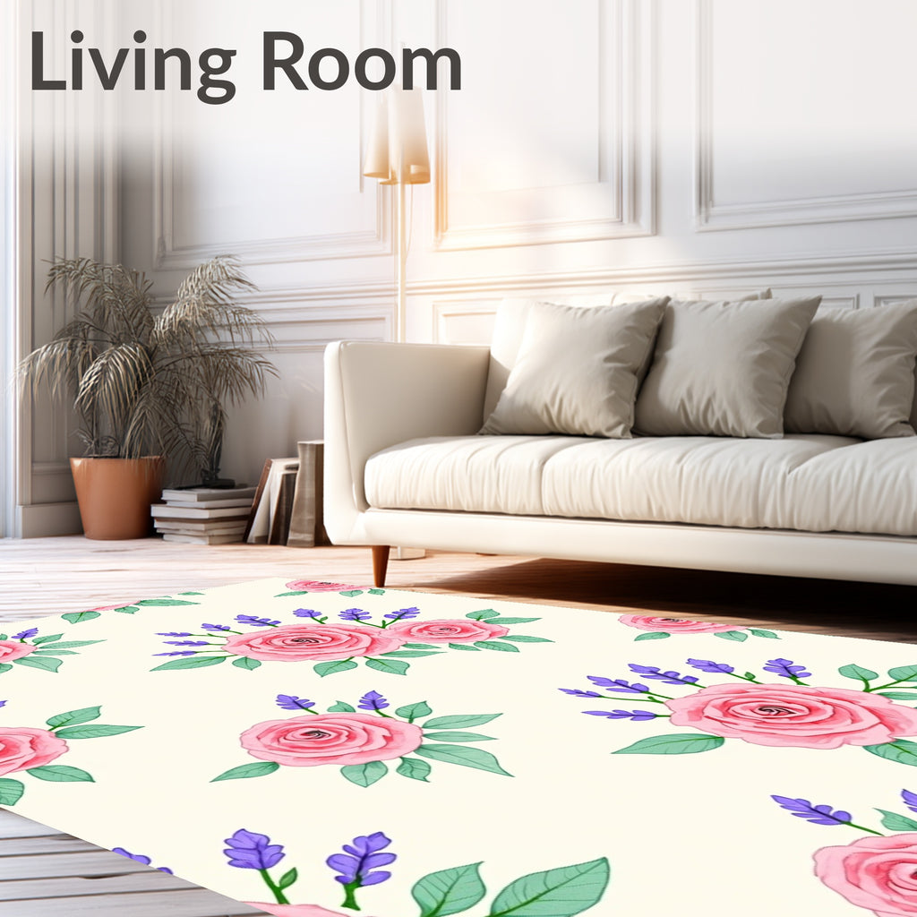 Pink Rose Lavender Botanical Pattern Rug