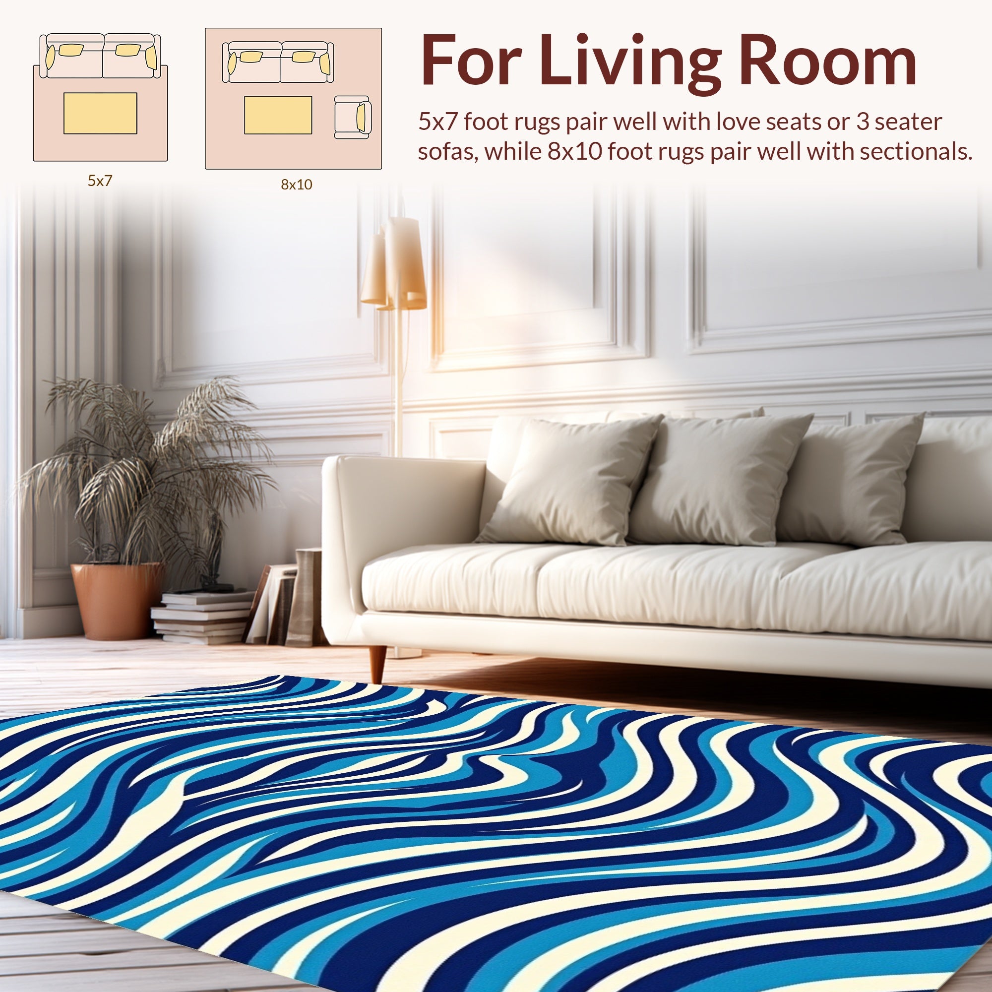 Blue Cream Interlocking Wave Pattern Rug