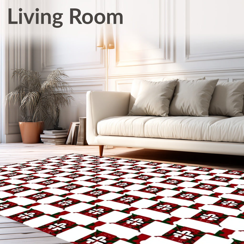 Red White Geometric Square Pattern Rug