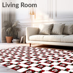 Red White Geometric Square Pattern Rug