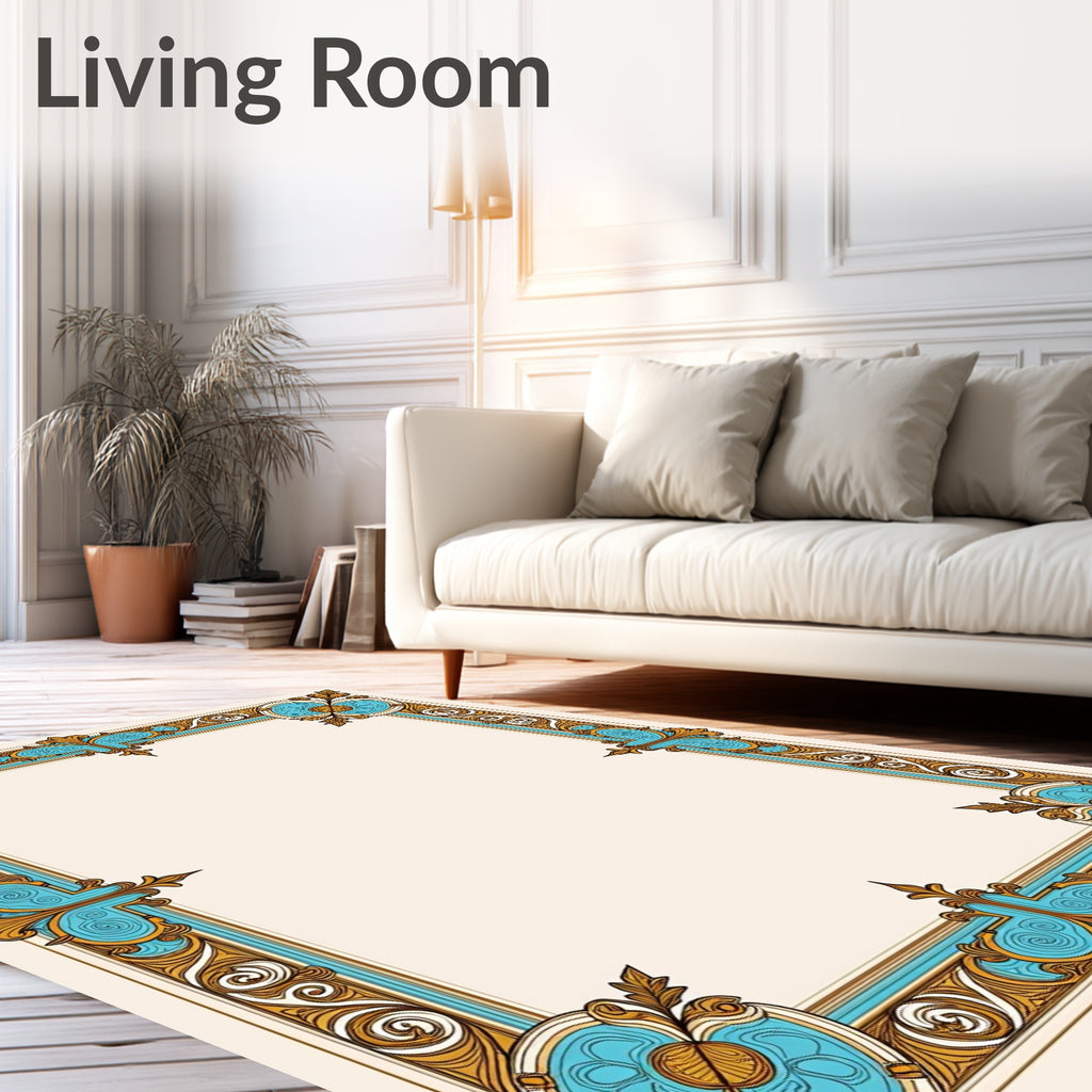 Ornate Floral Blue Gold Border Design Rug