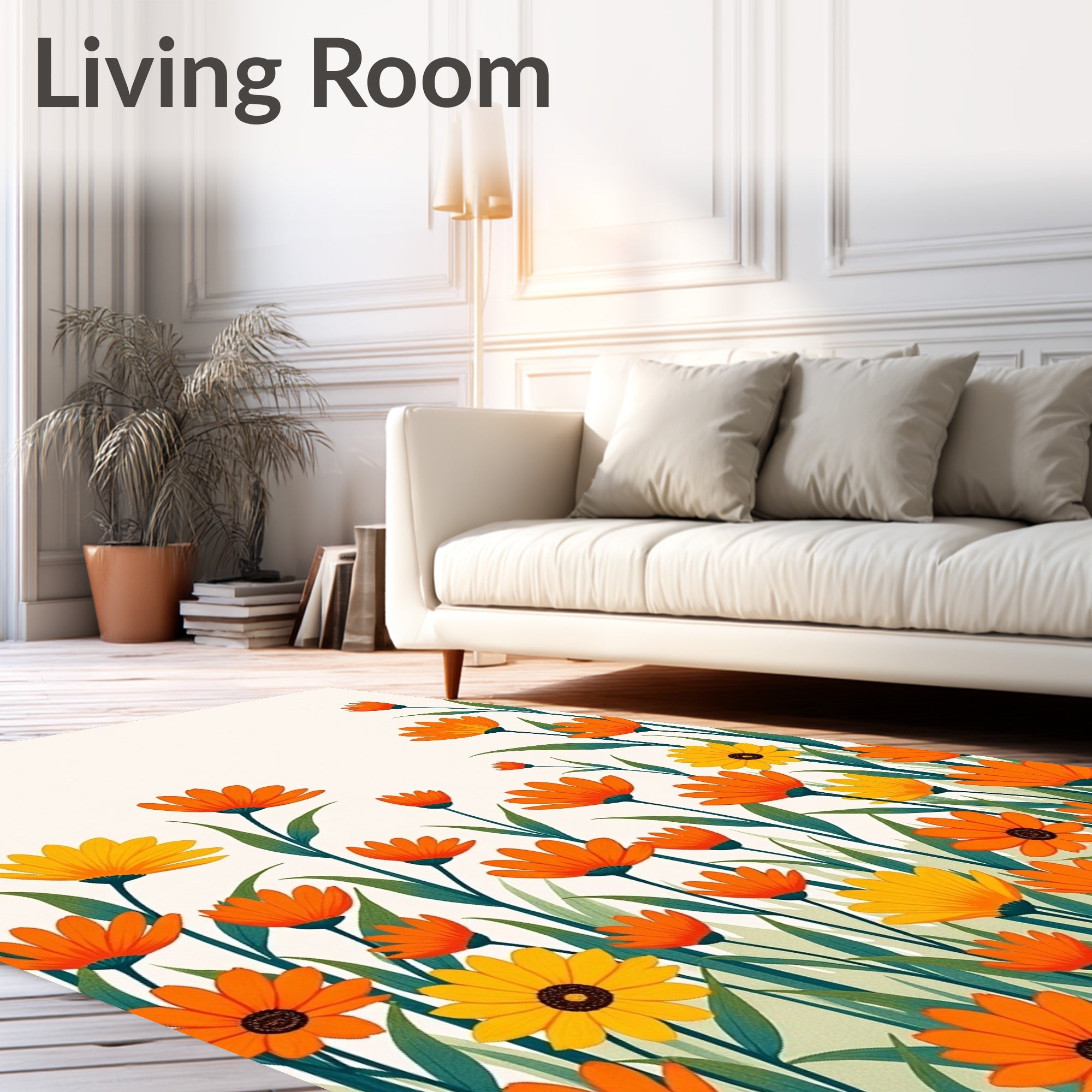Vibrant Orange Yellow Floral Field Rug