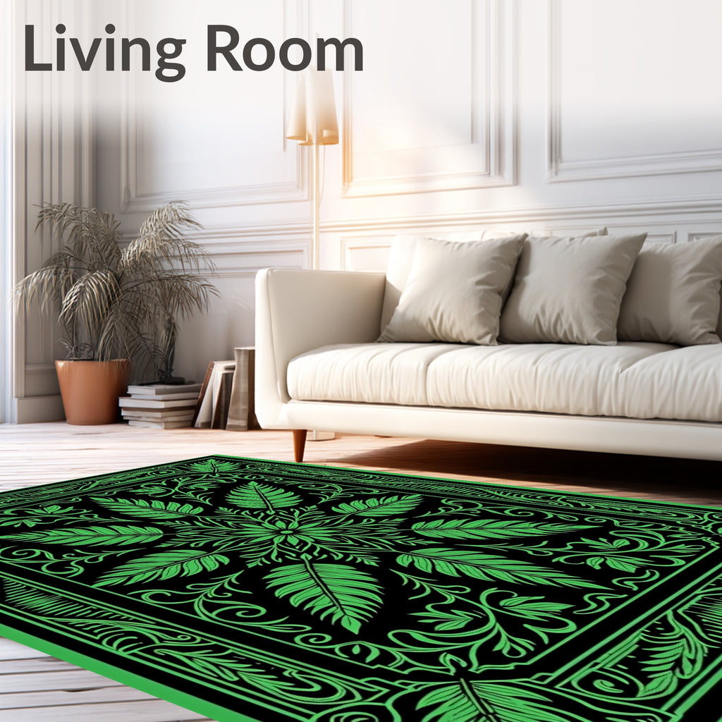 Bright Green Leaf Mandala Border Rug