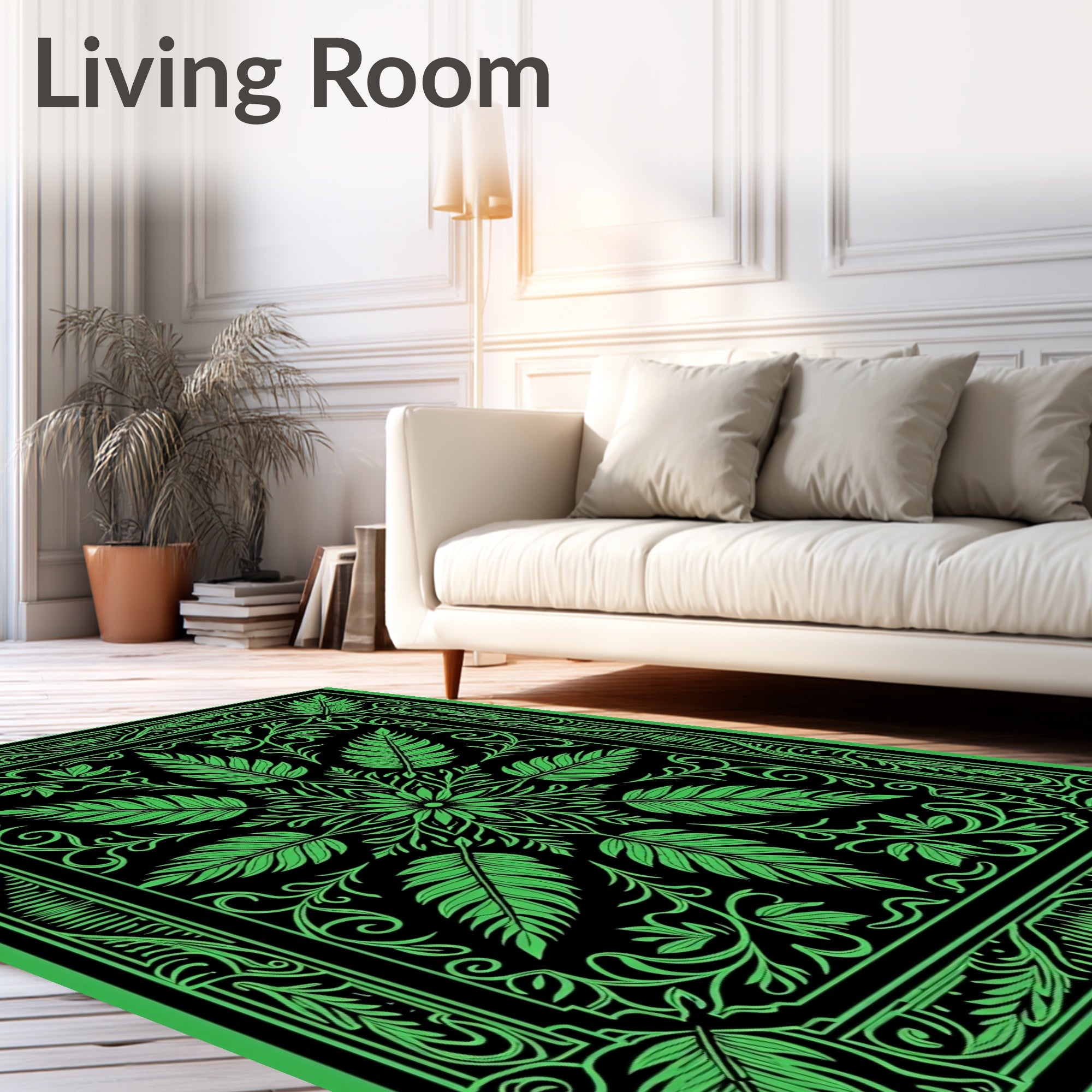 Bright Green Leaf Mandala Border Rug