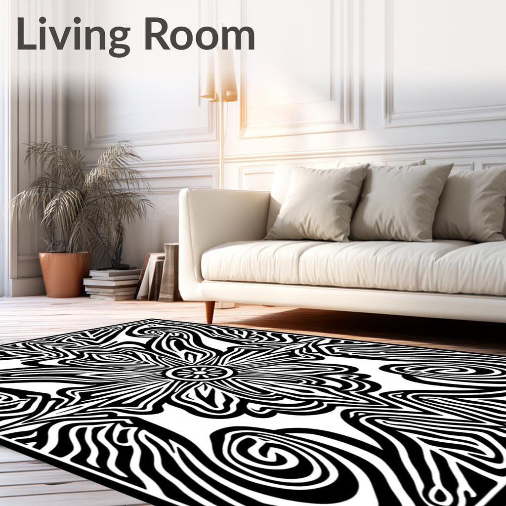 Bold Ink Floral Scroll Pattern Rug