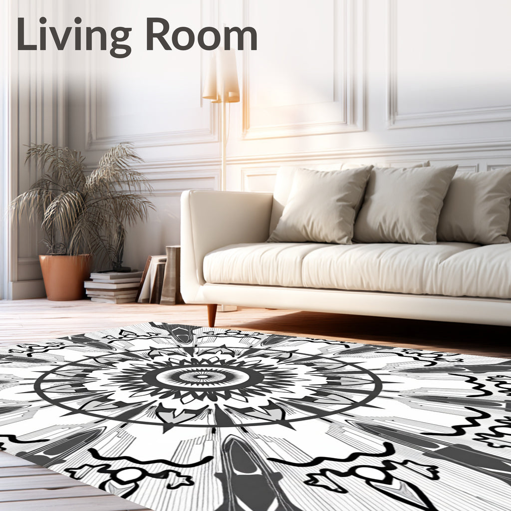 Black White Radial Geometric Design Rug