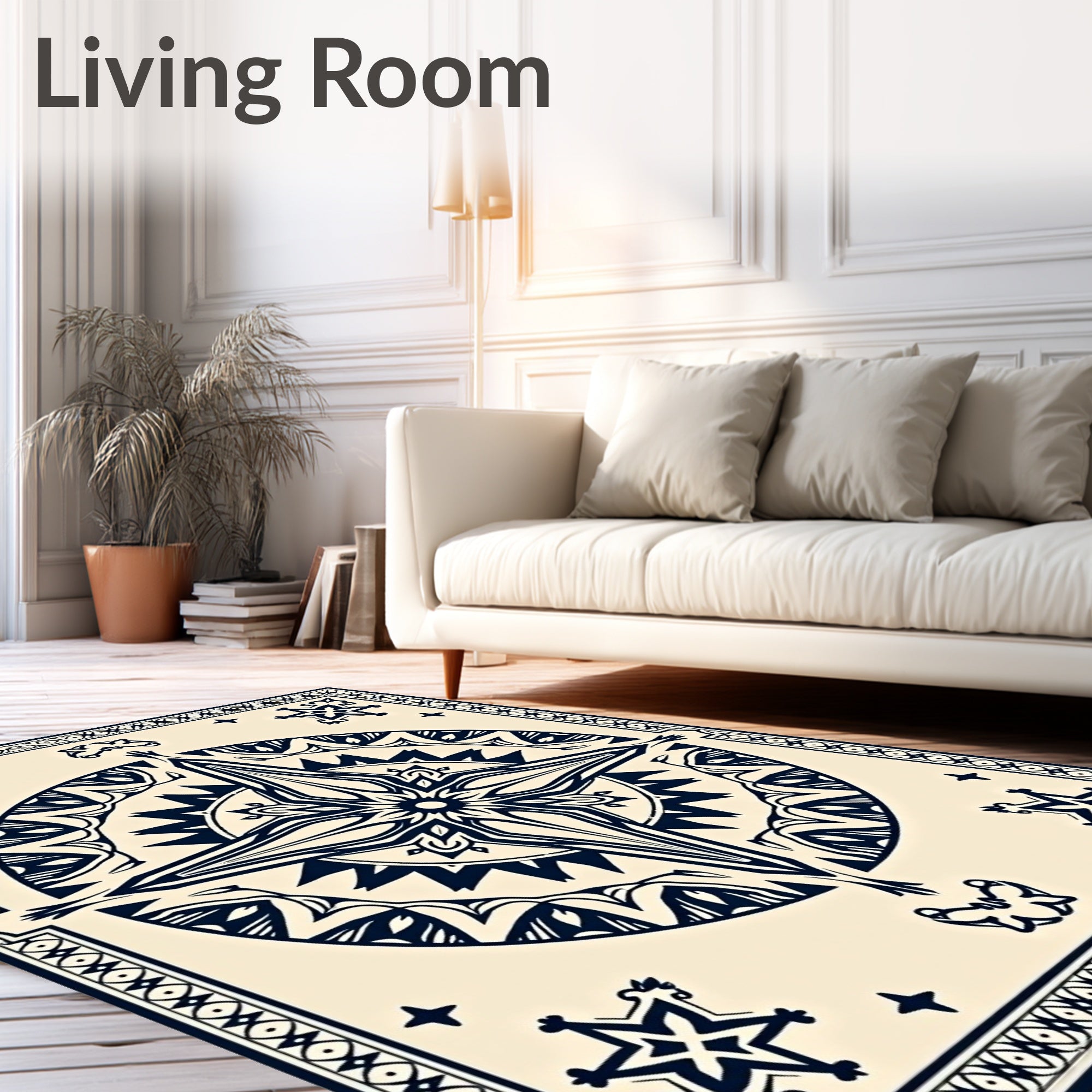 Navy Starburst Bordered Pattern Rug