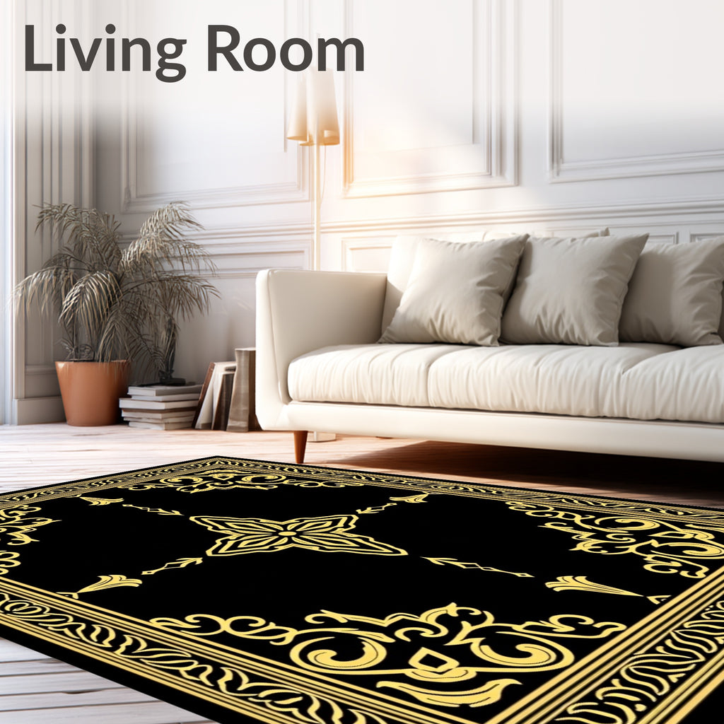 Black Gold Ornate Scroll Pattern Rug