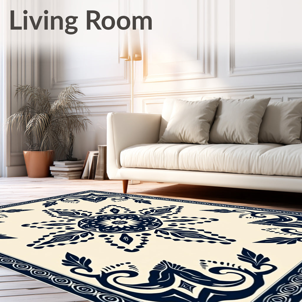 Dark Blue Floral And Leaf Pattern Rug