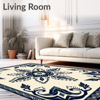 Dark Blue Floral And Leaf Pattern Rug