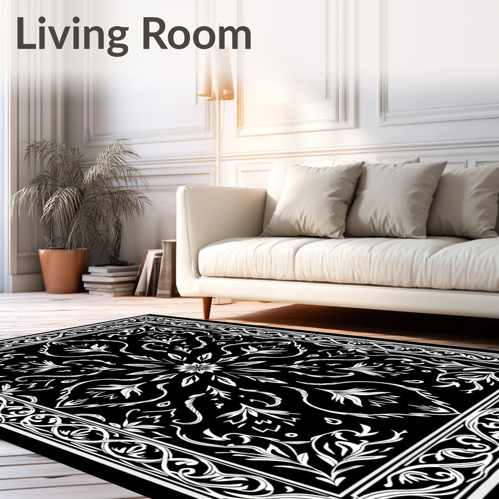 Ornate Black White Floral Design Rug