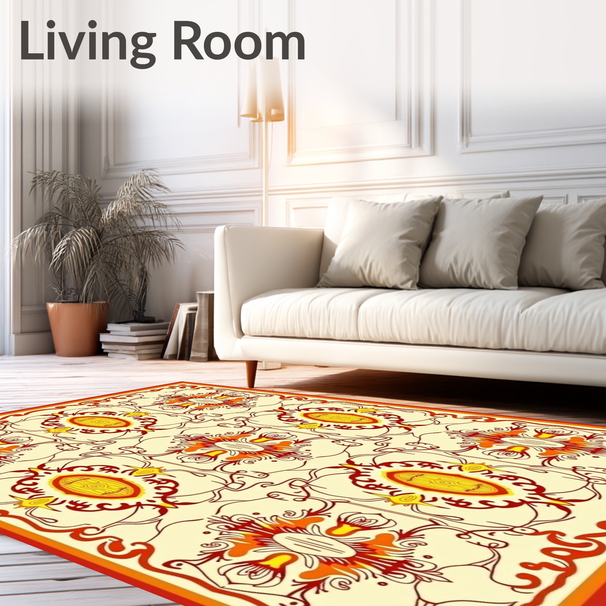 Ornate Red Yellow Floral Pattern Rug