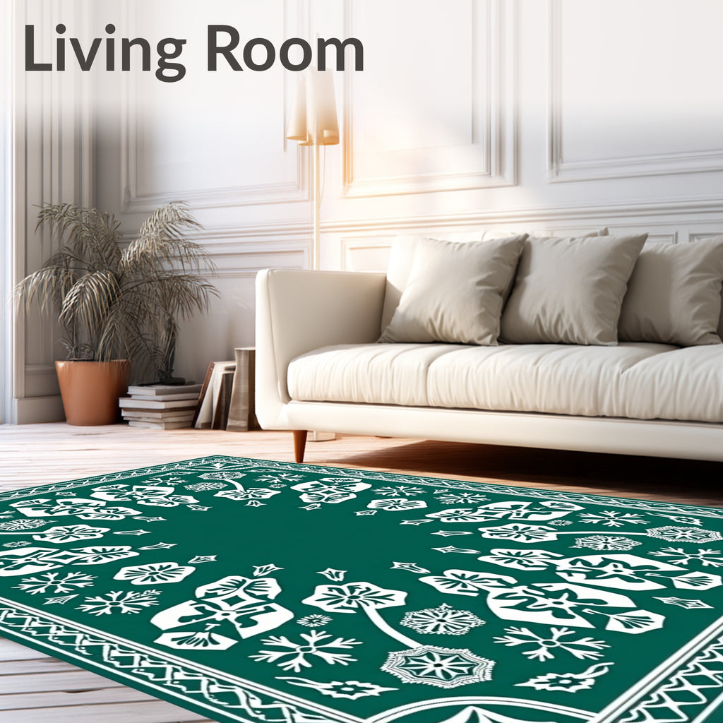 Symmetrical White Floral Pattern Teal Rug