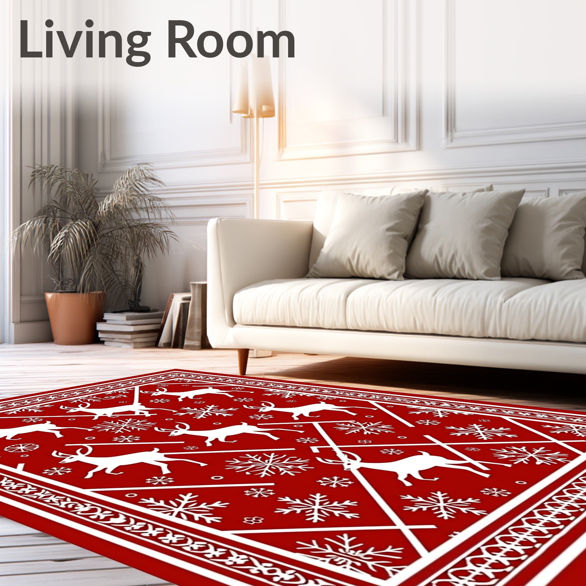 Red White Reindeer Snowflakes Pattern Rug