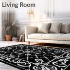 Black White Floral Damask Pattern Rug