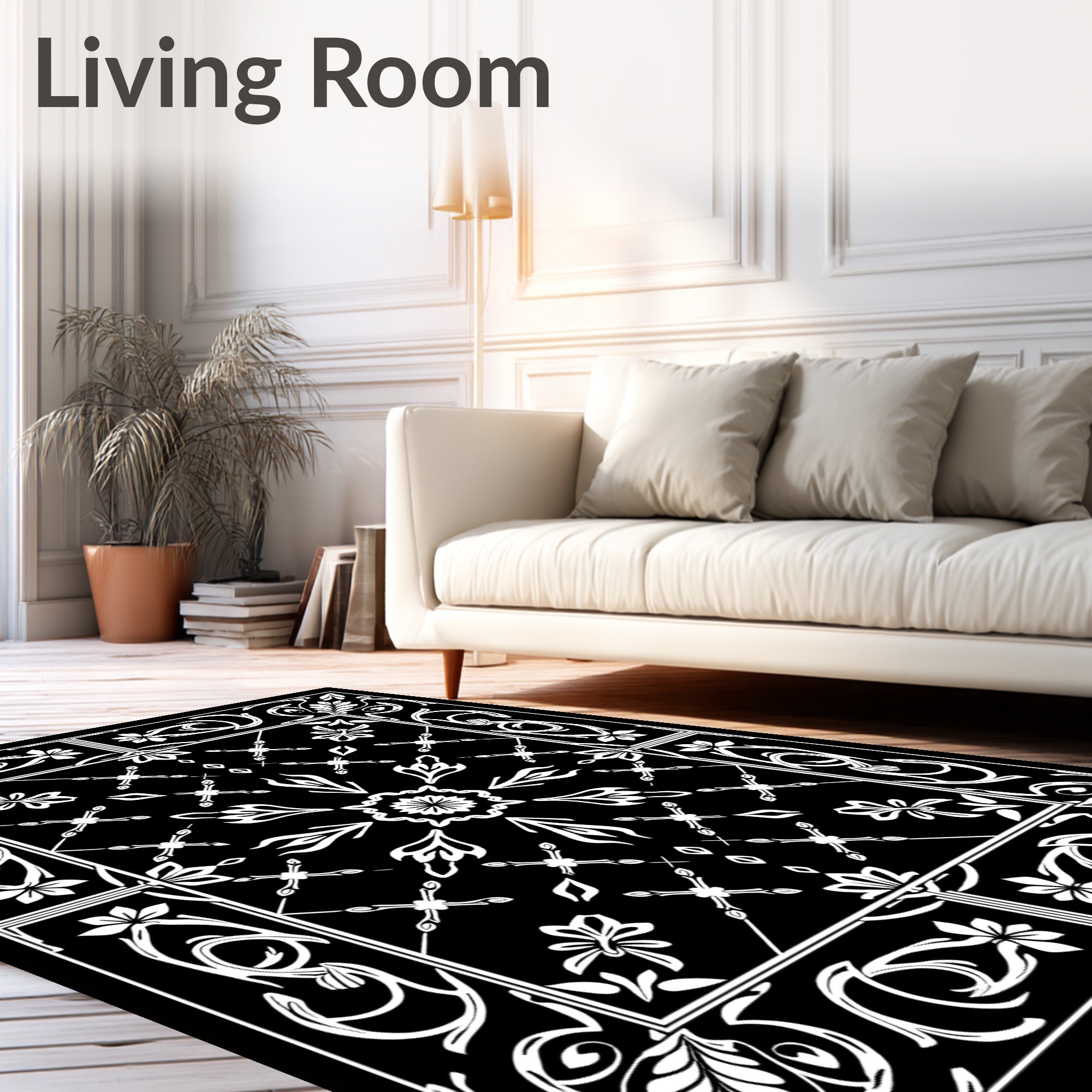 Black White Floral Damask Pattern Rug