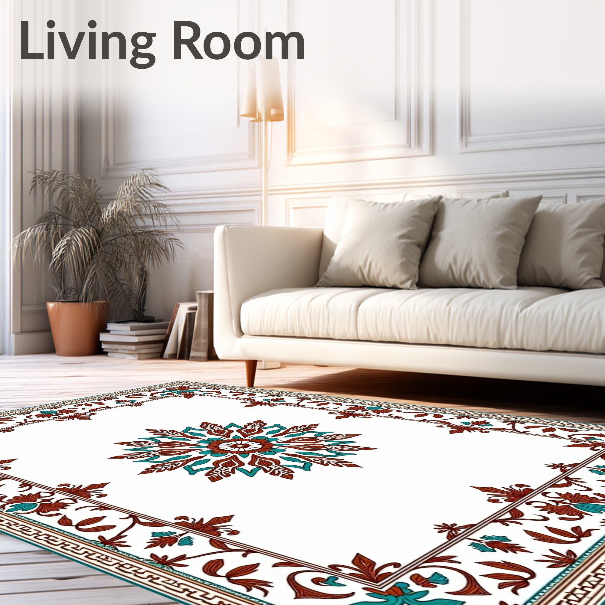Ornate Floral Medallion Border Design Rug