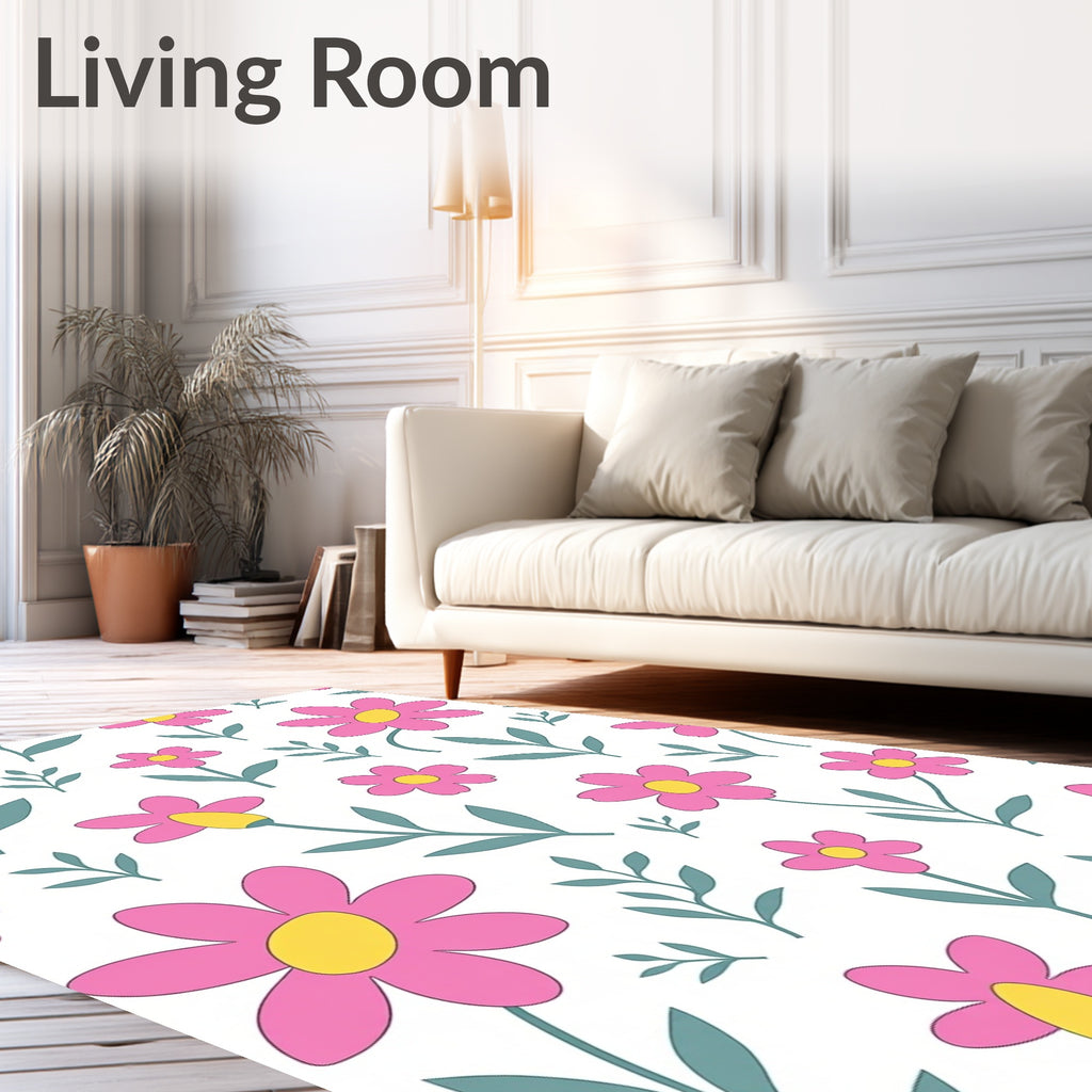 Pink Daisy Pattern With Green Leaves Rug