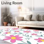 Pink Daisy Pattern With Green Leaves Rug