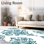 Symmetrical Teal Damask Scrollwork Pattern Rug