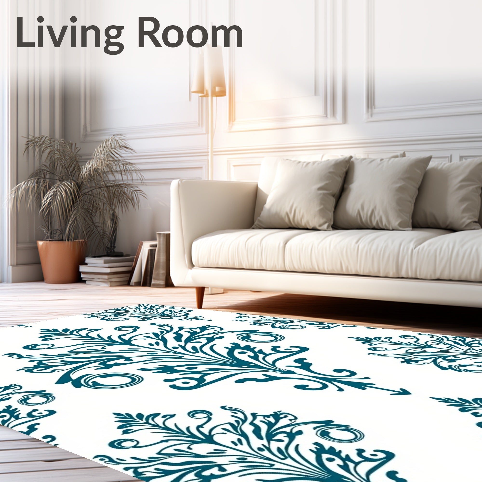 Symmetrical Teal Damask Scrollwork Pattern Rug