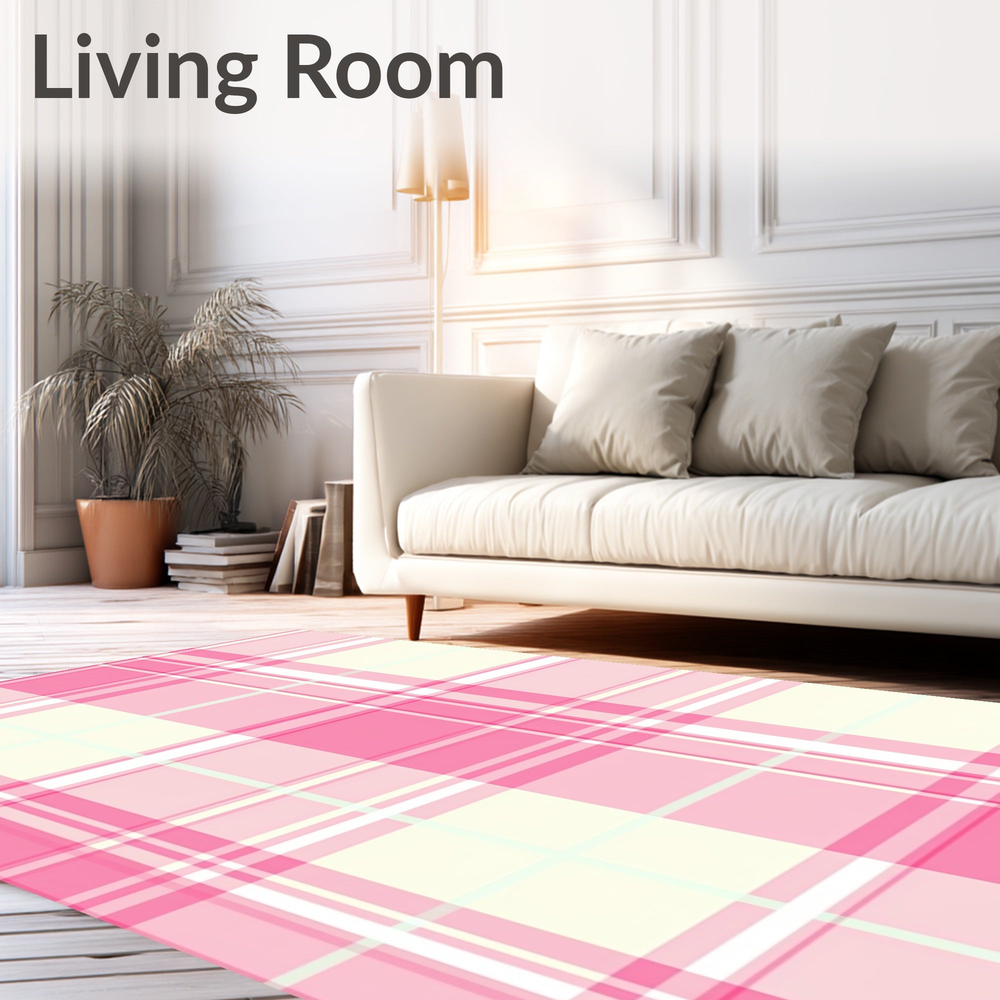 Pink White Plaid Geometric Pattern Rug
