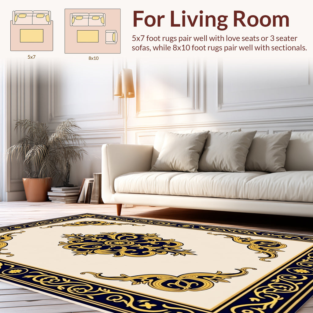 Elegant Gold Blue Scrollwork Design Rug