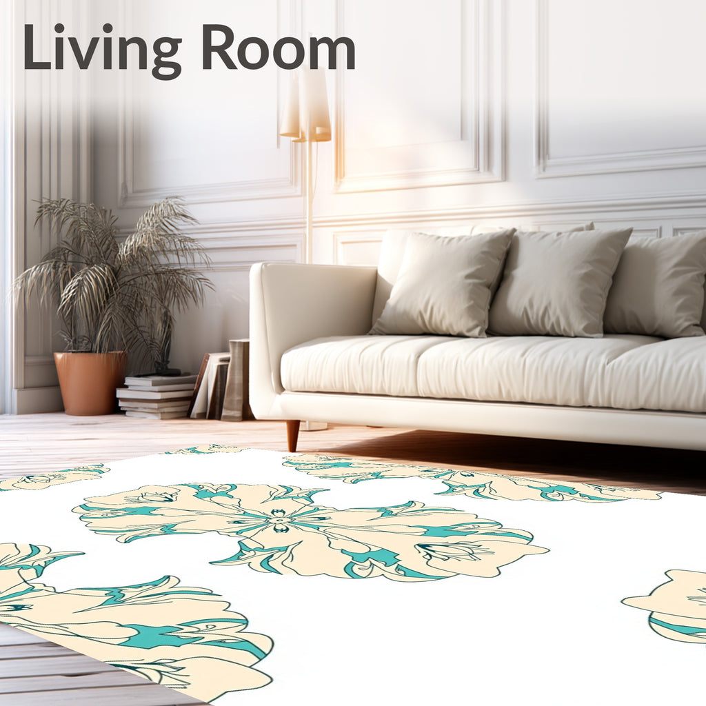Cream And Teal Floral Mandala Rug