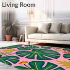 Vibrant Pink Green Tropical Foliage Rug