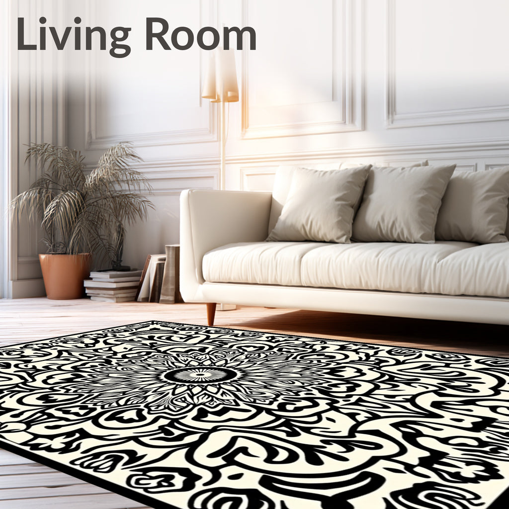 Intricate Mandala Floral Black White Pattern Rug
