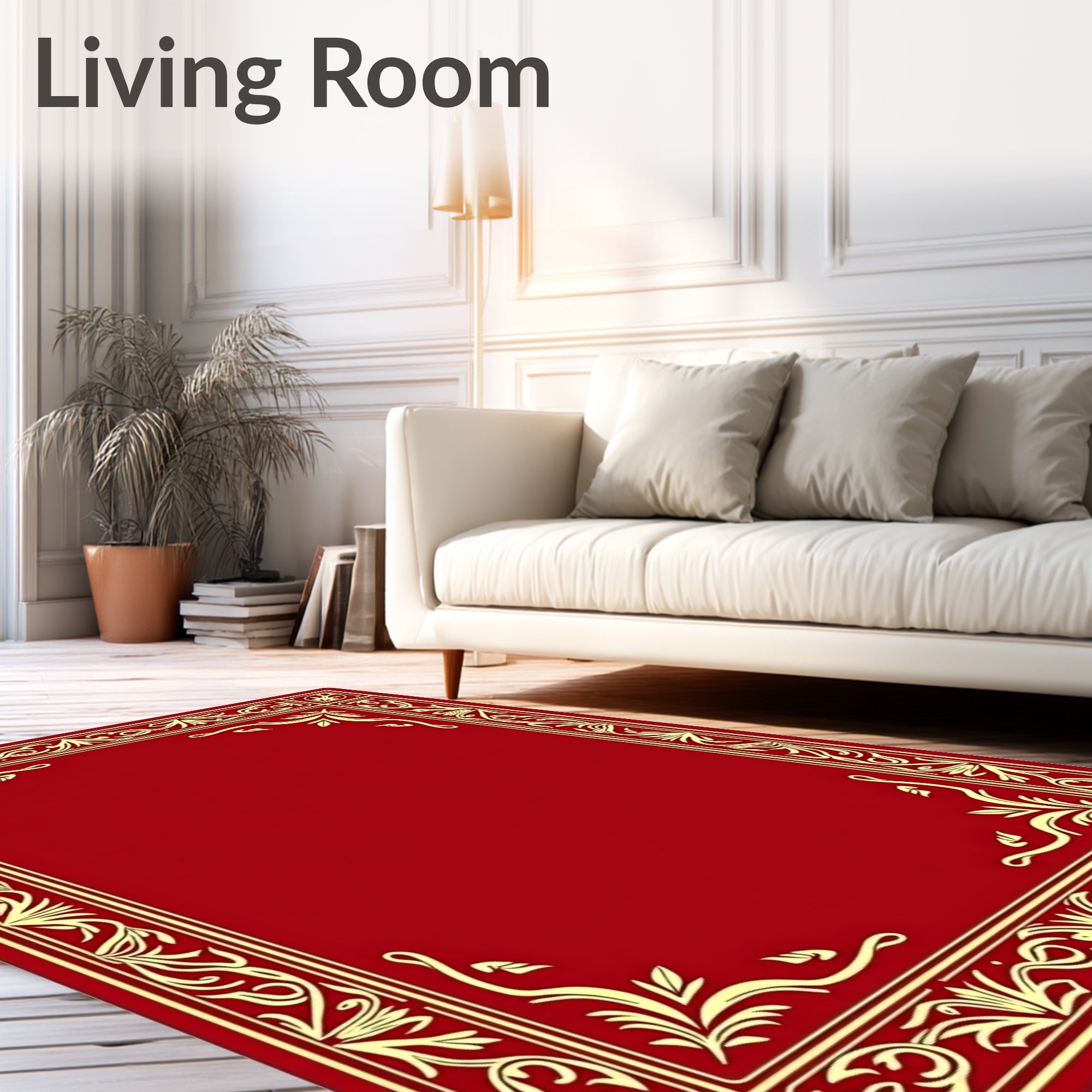Ornate Golden Floral Red Border Rug