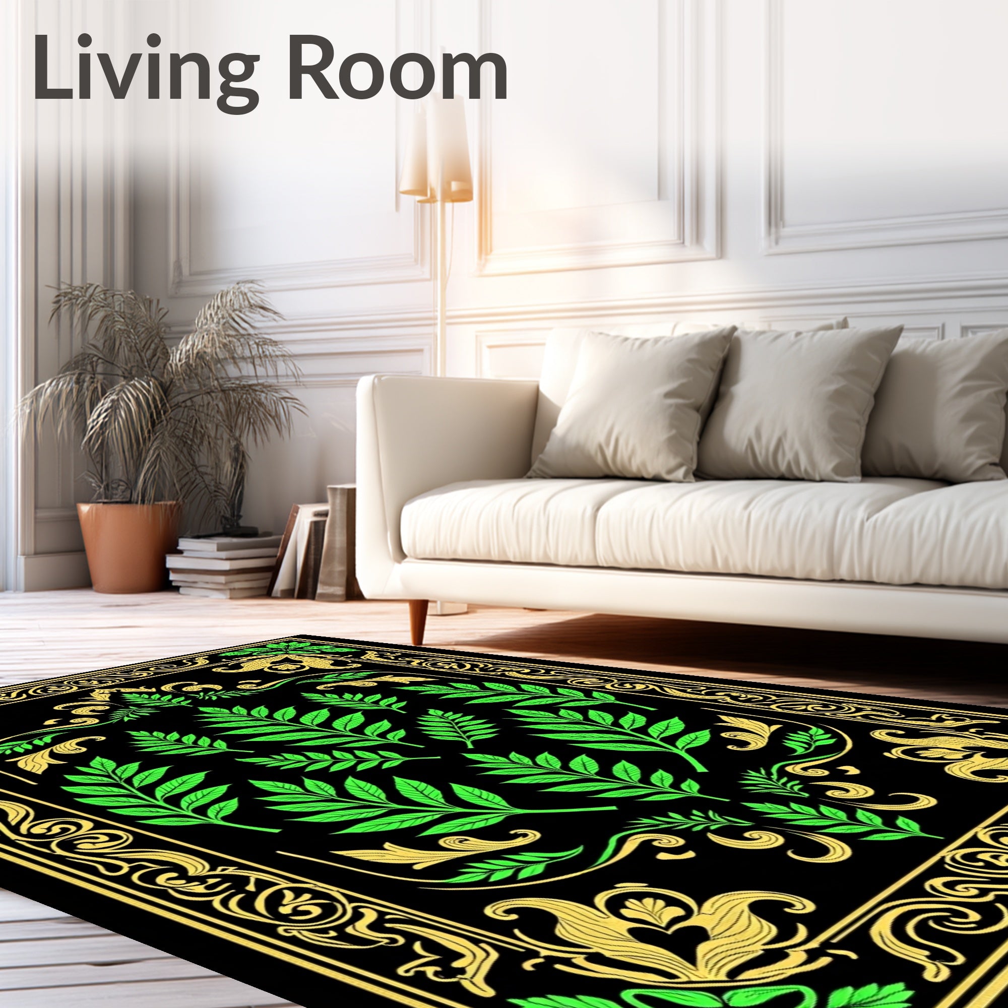 Ornate Green Gold Floral Motif Rug