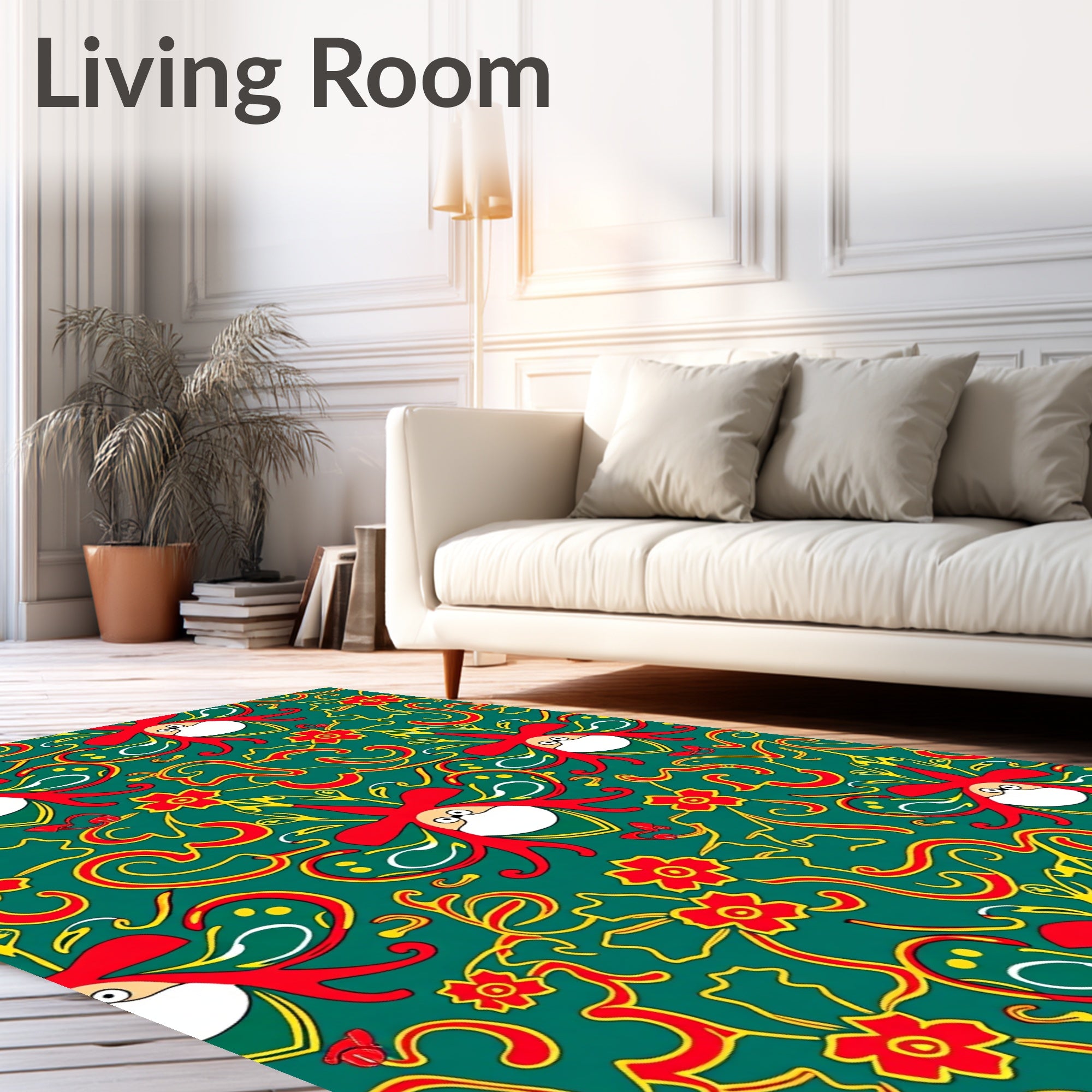 Whimsical Red Floral Swirls Teal Rug