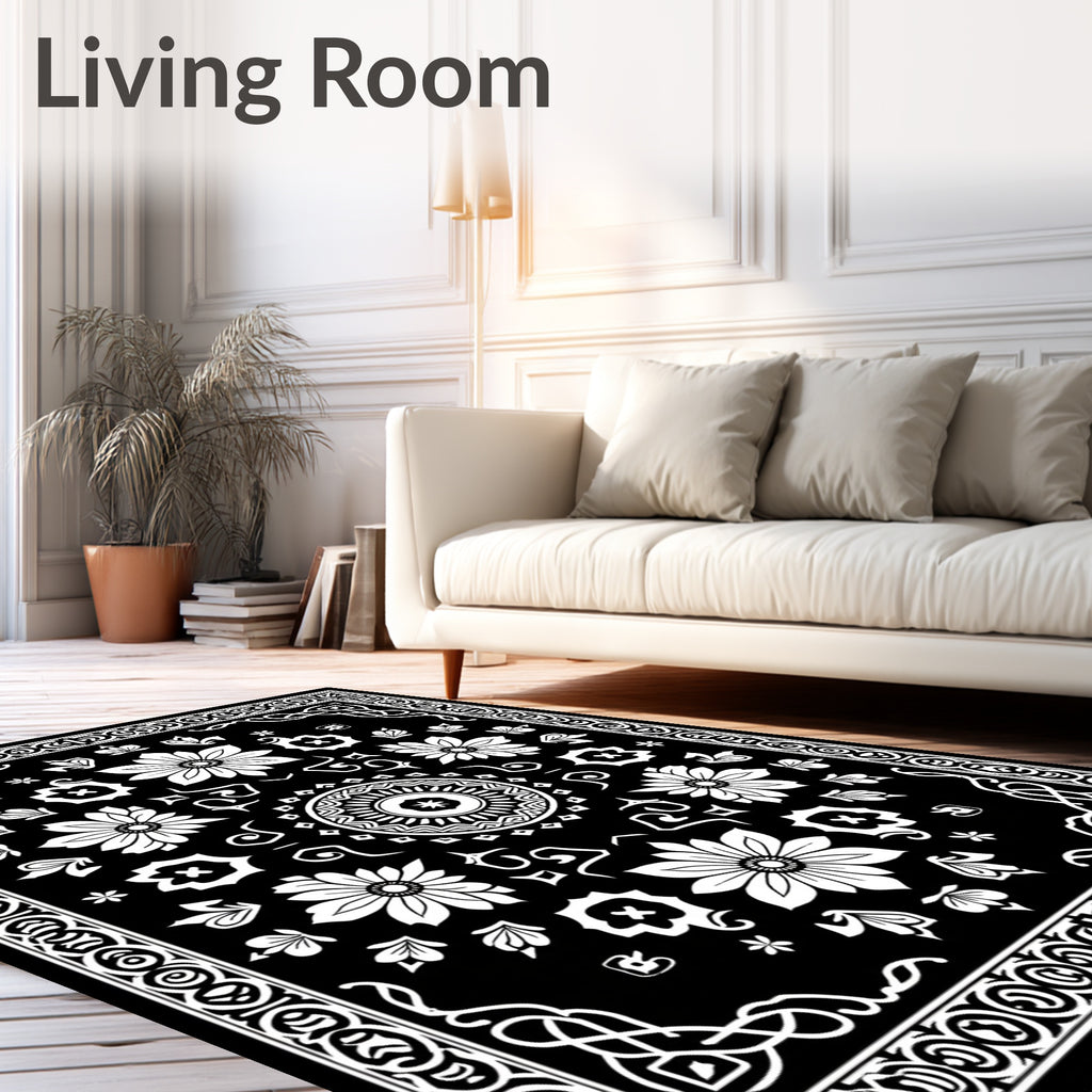 Floral Mandala Patterned Black White Rug
