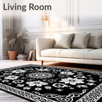 Floral Mandala Patterned Black White Rug