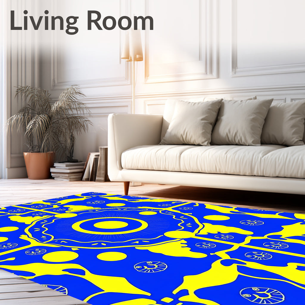 Bold Yellow And Blue Abstract Sunburst Face Rug