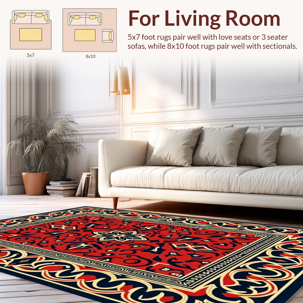 Red Navy Floral Geometric Pattern Rug