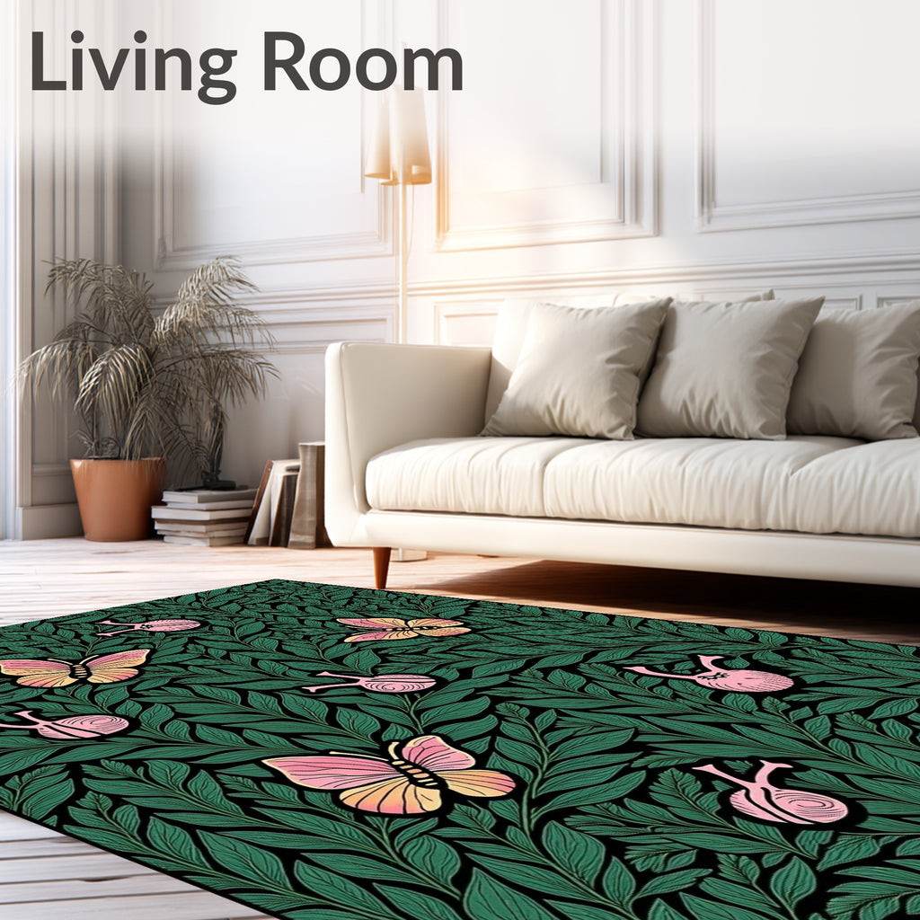 Whimsical Pink Butterfly Green Foliage Rug