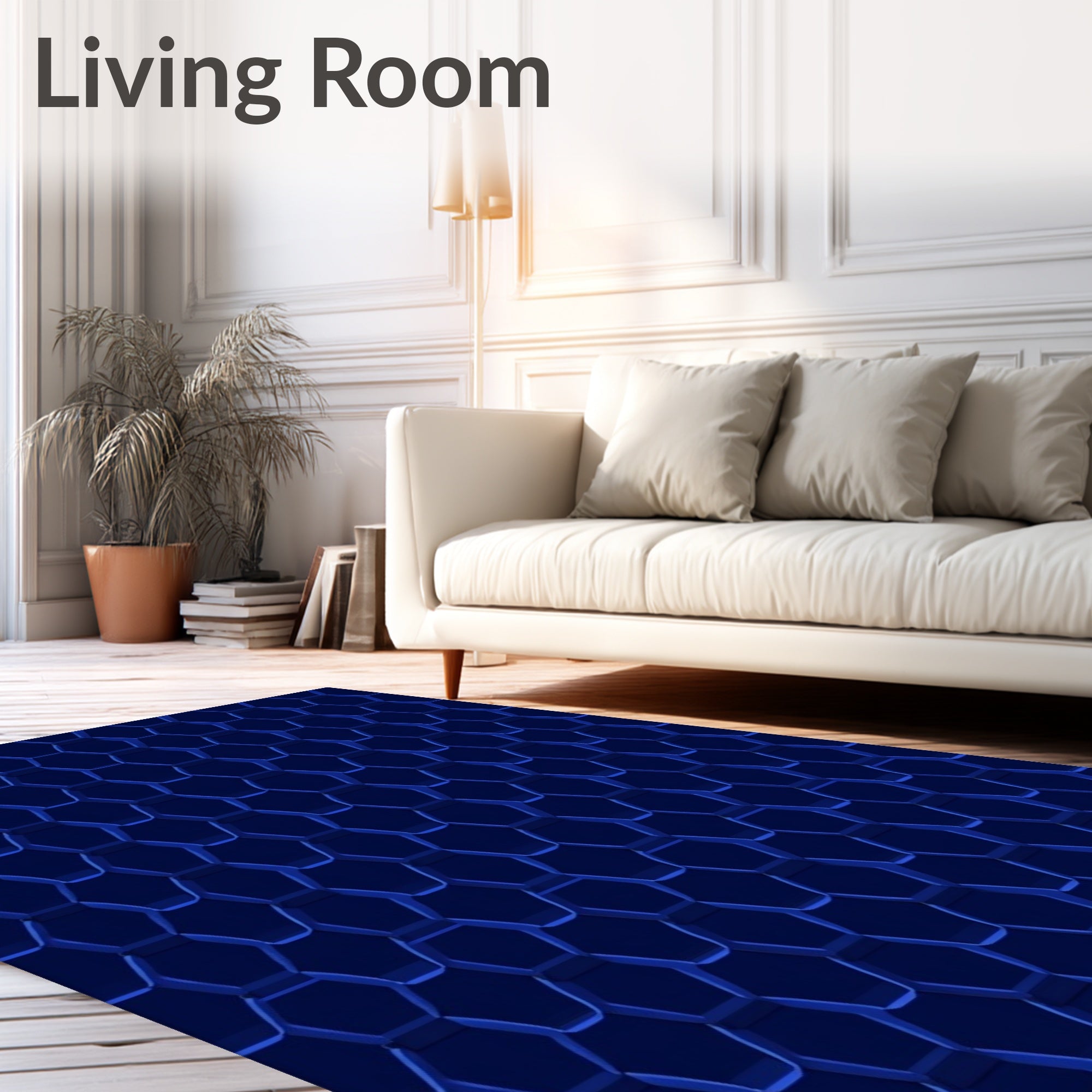 Deep Blue Hexagonal Geometric Pattern Rug