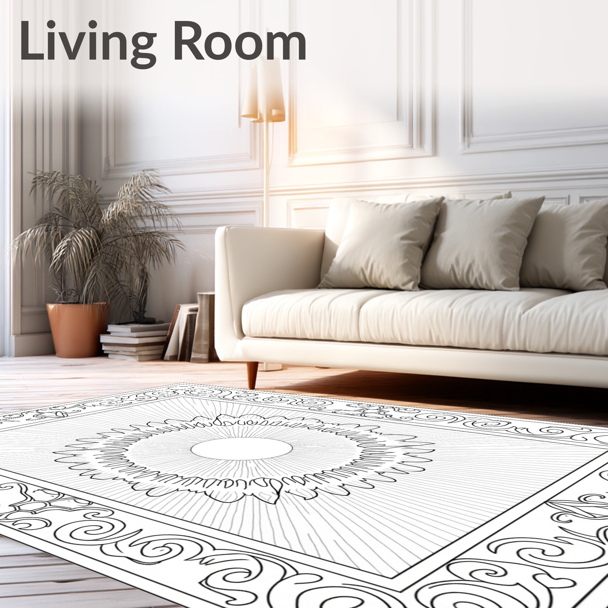 Ornate Sunburst Scrollwork Border Rug
