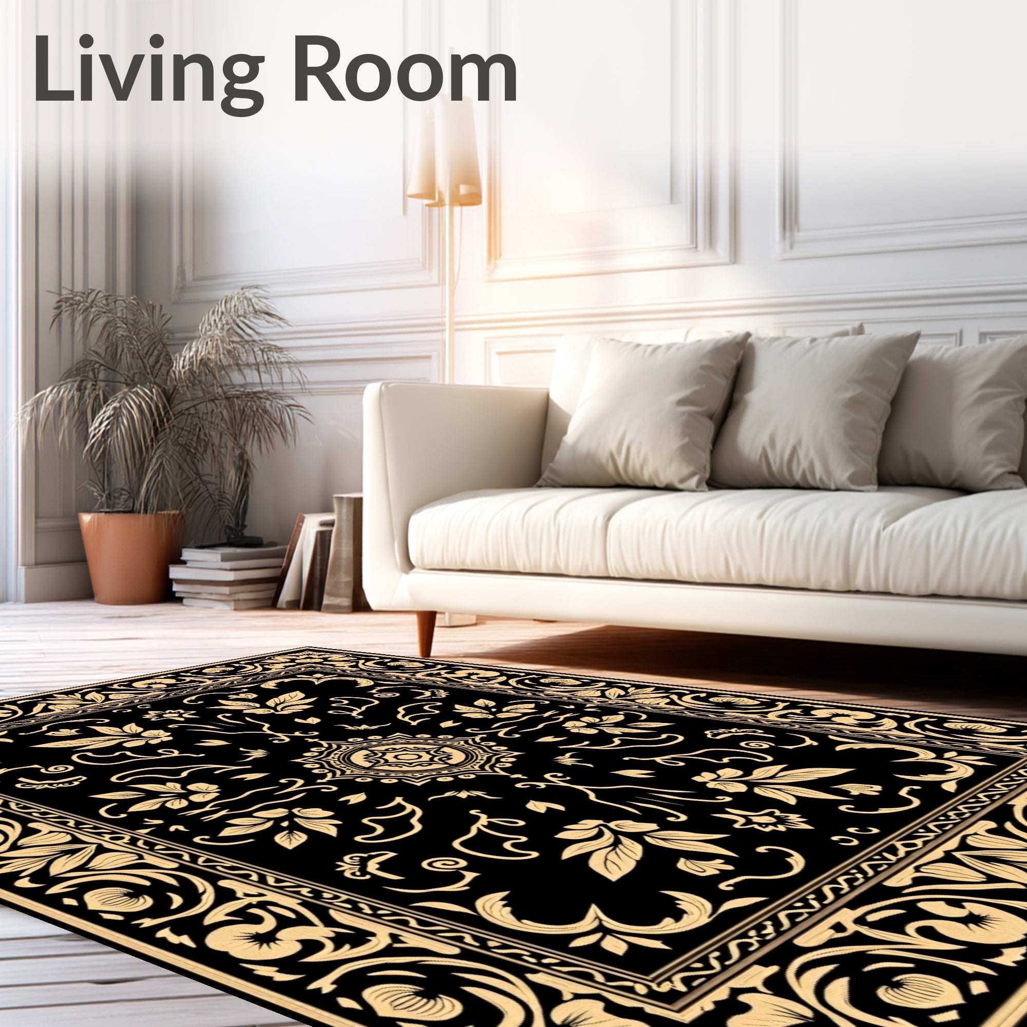 Elegant Black Gold Floral Pattern Rug